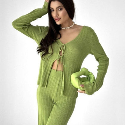 Womens Set Long-sleeve Tie-front Cardigan With Casual Trousers