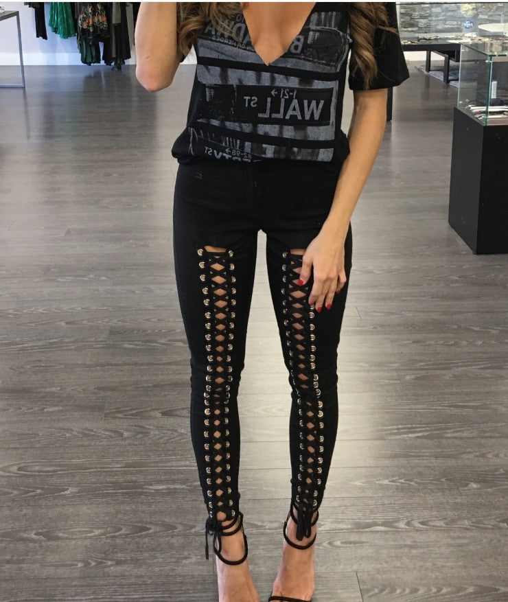 Sexy Solid Color Double-rowed Eyelet Slim Leggings