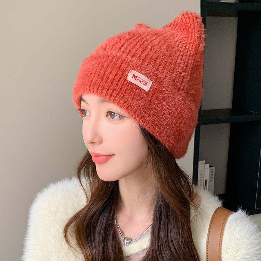Winter Mink Cat Ears Plush Girl's Cap Warm Ear Protection Knitted Hat
