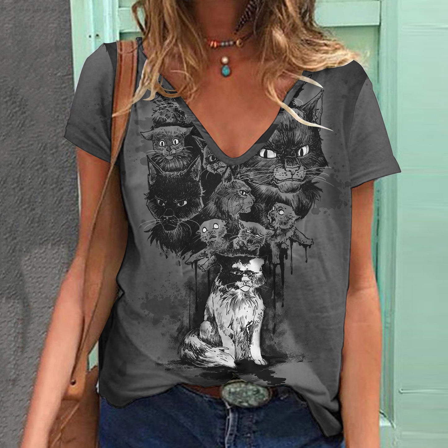 Women's Top Print V-neck Short-sleeved T-shirt