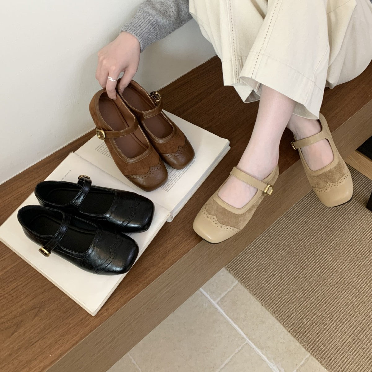 Retro Brown Square-toe Carved Embellished Slingback Mary Jane Shoes