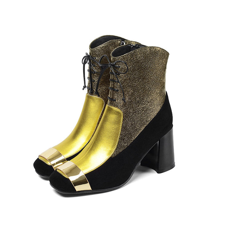 Women's Leather Frosted Thick Heel Square Toe Martin Boots