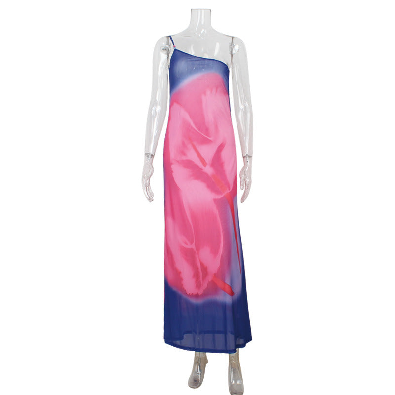 One Shoulder Diagonal Collar Printed Backless Long Dress