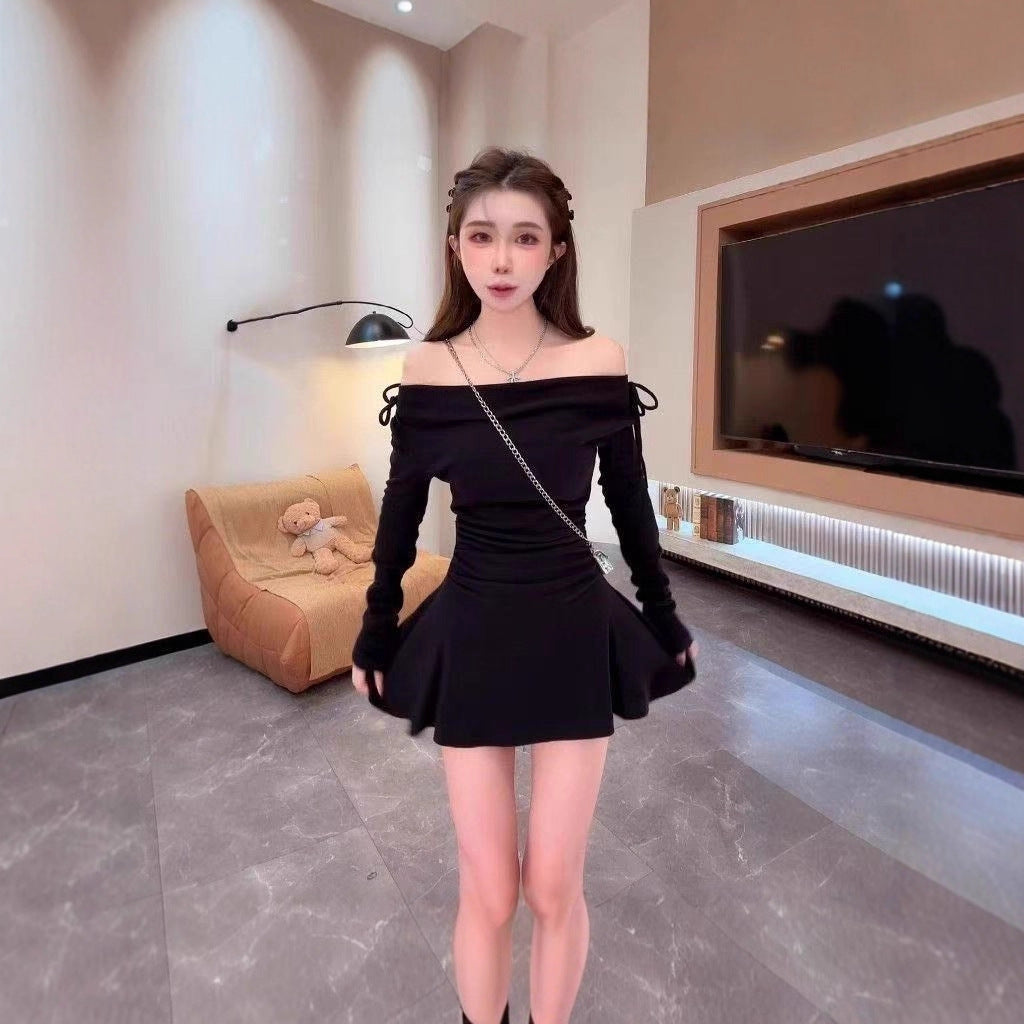 French-style Gentle Vacation Dress Black Velvet Slip Dress With A One-shoulder Neckline