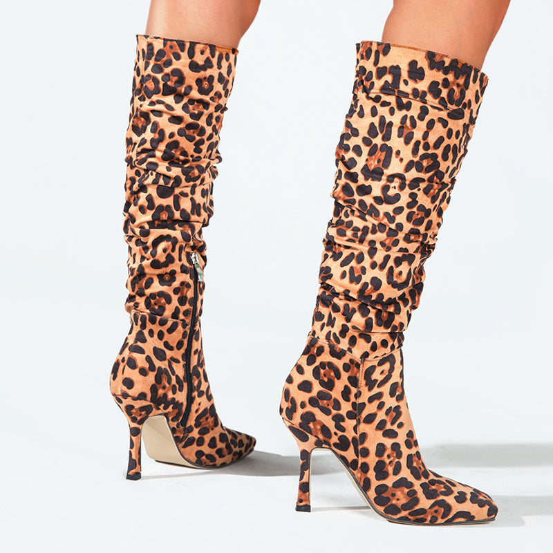 Women's Square Toe Leopard Print High-heeled Boots