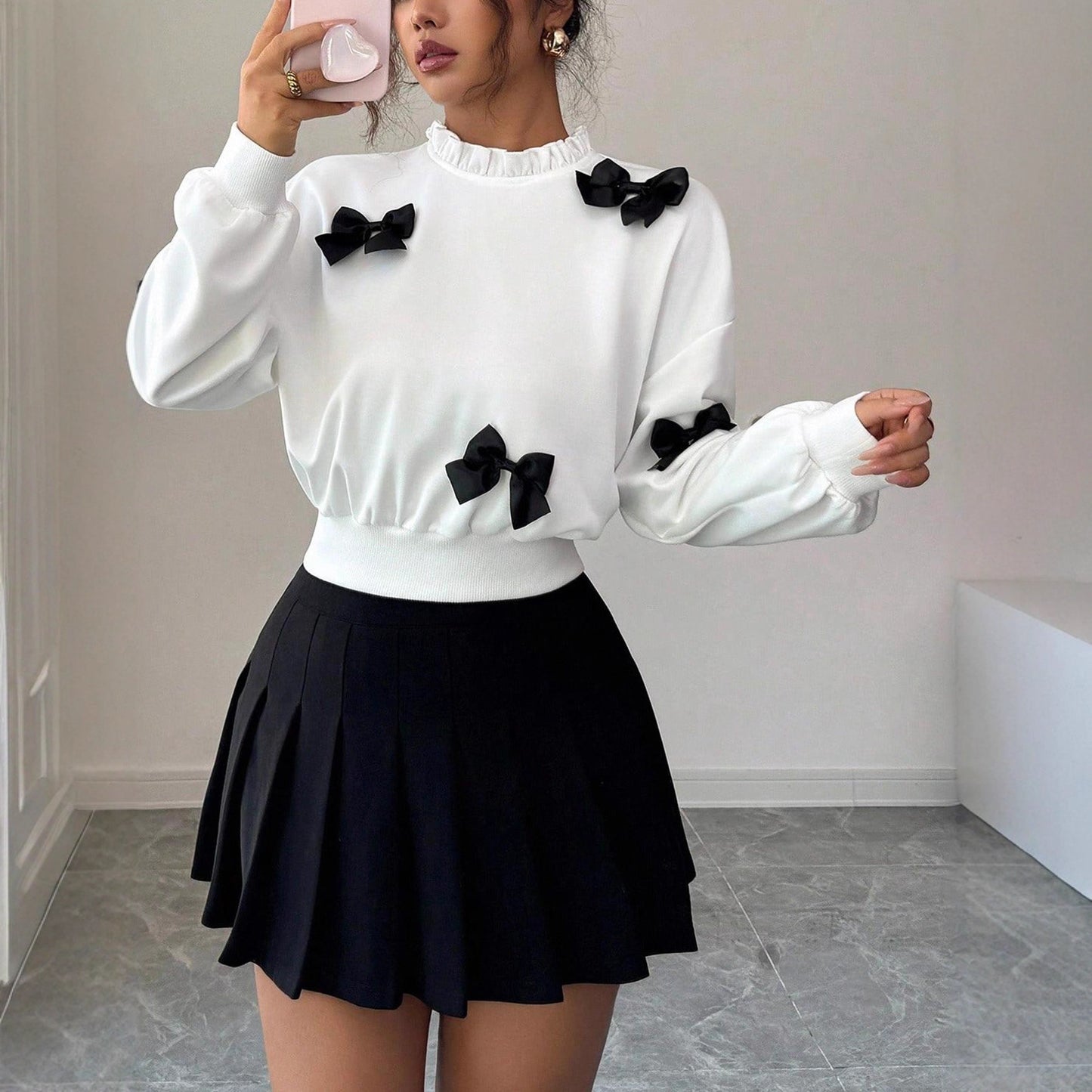 Women's Fashion Simple Bow Decor Short Hoodie
