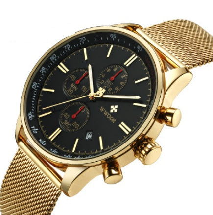 generation of WWOOR brand three eyes six needles multi-function men's sports watch mesh belt quartz watch wholesale