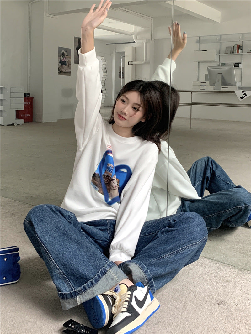 American Retro Loves And Cats Slim Long Sleeve Top