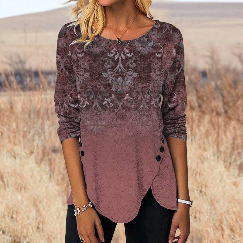 Digital Retro Printed Button Irregular Hem Round Neck Long Sleeve 3D
