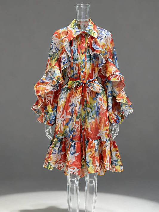 Single-breasted Stylish Tie-waist Collar Long-sleeved Dress