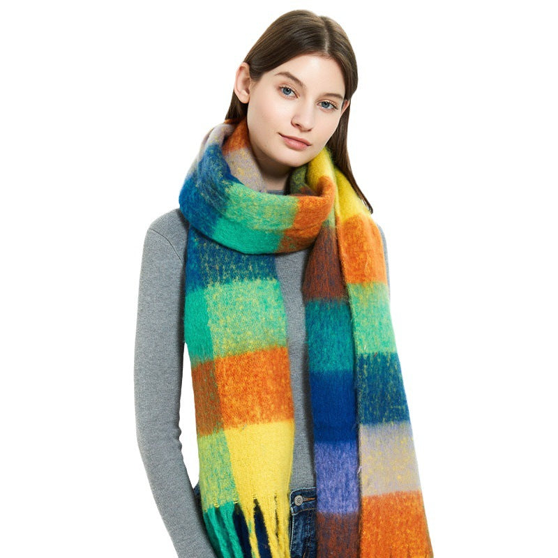 Women's Scarf Autumn And Winter New Thick Beard Color Four-grid