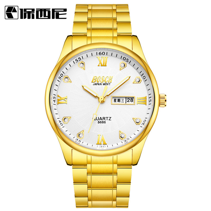 Explosion proof men's steel belt watch, waterproof double calendar quartz watch, business fashion non mechanical watch manufacturer