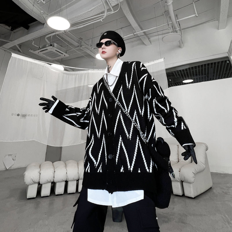 Geometric Pattern Jacquard Men's Oversized Knit Sweater