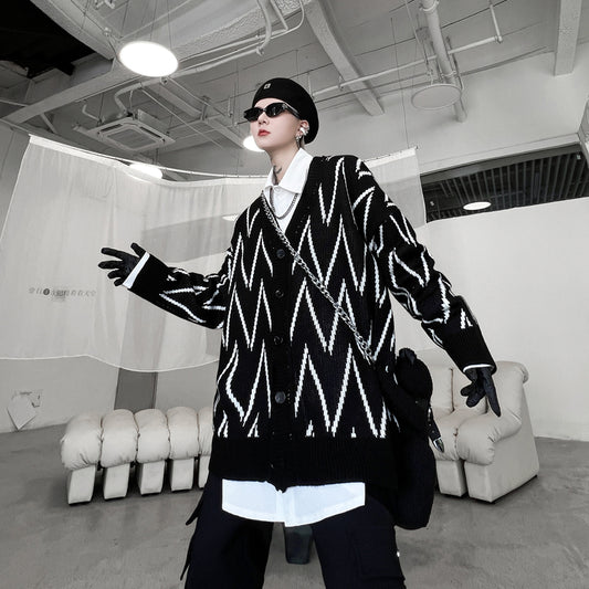 Geometric Pattern Jacquard Men's Oversized Knit Sweater