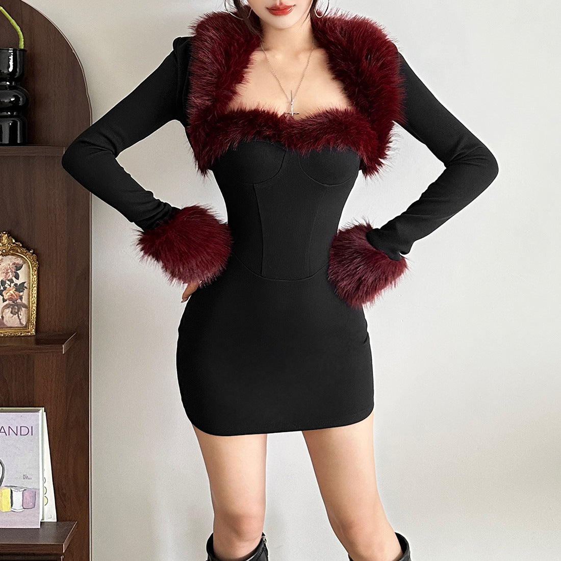 Women's Plush Patchwork Long-Sleeve Sheath Dress Set