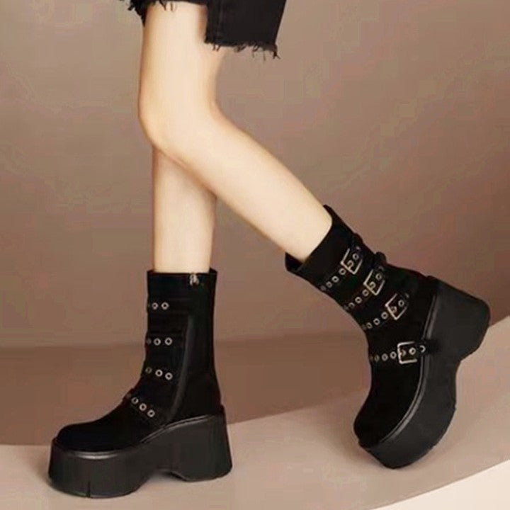 Platform Wedge Booties Women's Belt Buckle Muffin Middle Boots