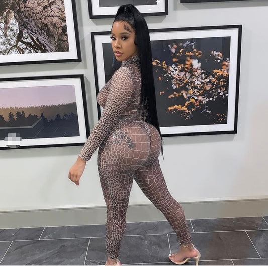 Plus Size Women's Crocodile Skin Pattern Mesh Jumpsuit