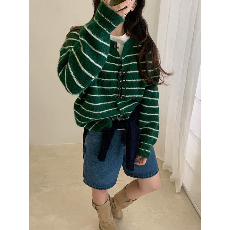 Mixed Color Stripe Long Sleeve Women's Sweater Jacket