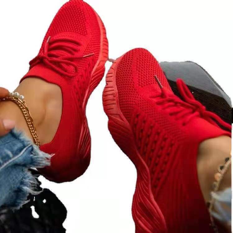 Sporty Women Platform Solid Color Lace-Up Lightweight Fly Woven Casual Shoes