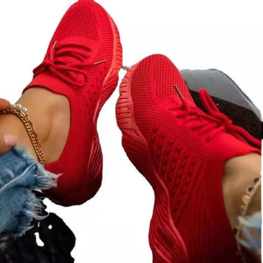 Sporty Women Platform Solid Color Lace-Up Lightweight Fly Woven Casual Shoes