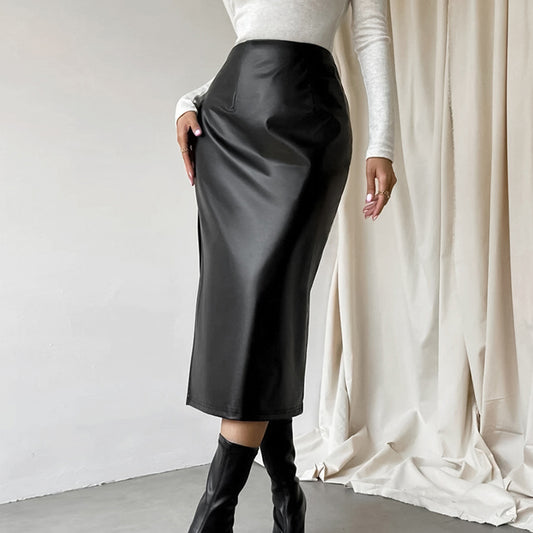 Commuter French Sheath PU Leather Skirt Autumn And Winter Black Slit Straight Skirt