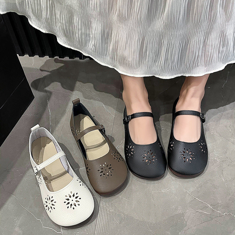 Hole Shoes Buckle Hollowed Leisure Flat Outerwear Retro Soft Leather