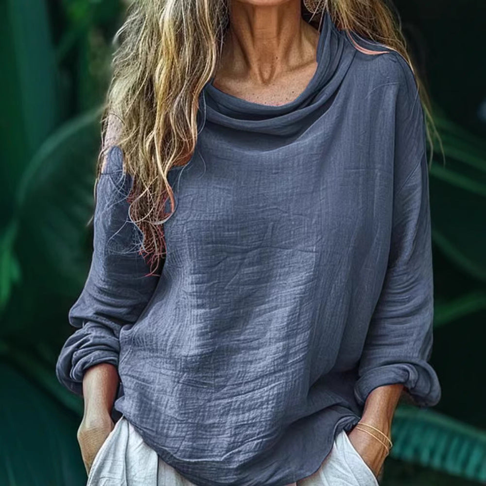 Spring Women's Casual Loose Fashion Long Sleeved Solid Color Pile Collar Pullover Pleated Top