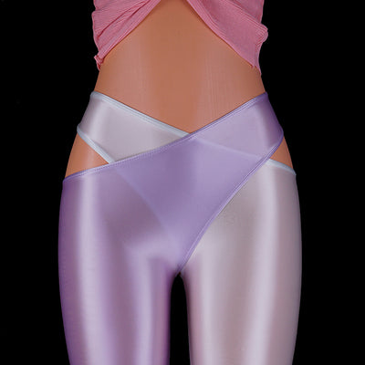 Glossy Leggings Patchwork Color Cross Open Crotch Pants