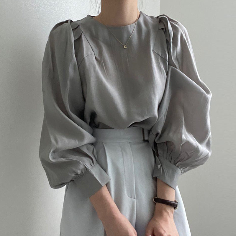 Women's Solid Color French Simplicity Round Neck Puff Sleeve Shirt