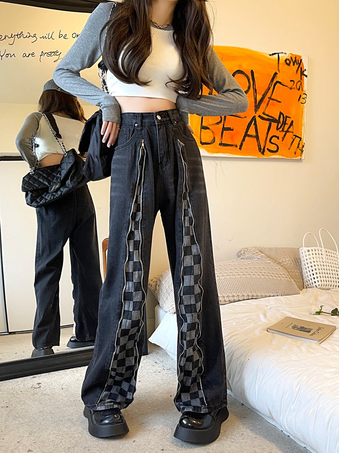 Retro Washed Zipper Chessboard Plaid Jeans Loose Hip Hop Casual Pants
