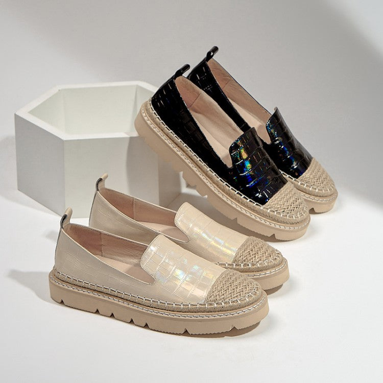 Lacquered Leather Straw Round-toe Shoes