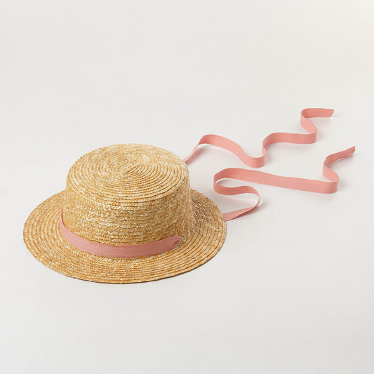 Children's Straw Flat Sun Hat With Strap