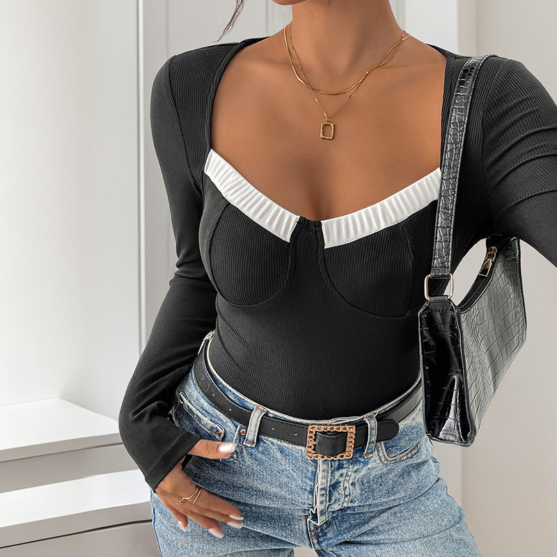 Long Sleeve Square-neck Contrast Color Knitted Jumpsuit