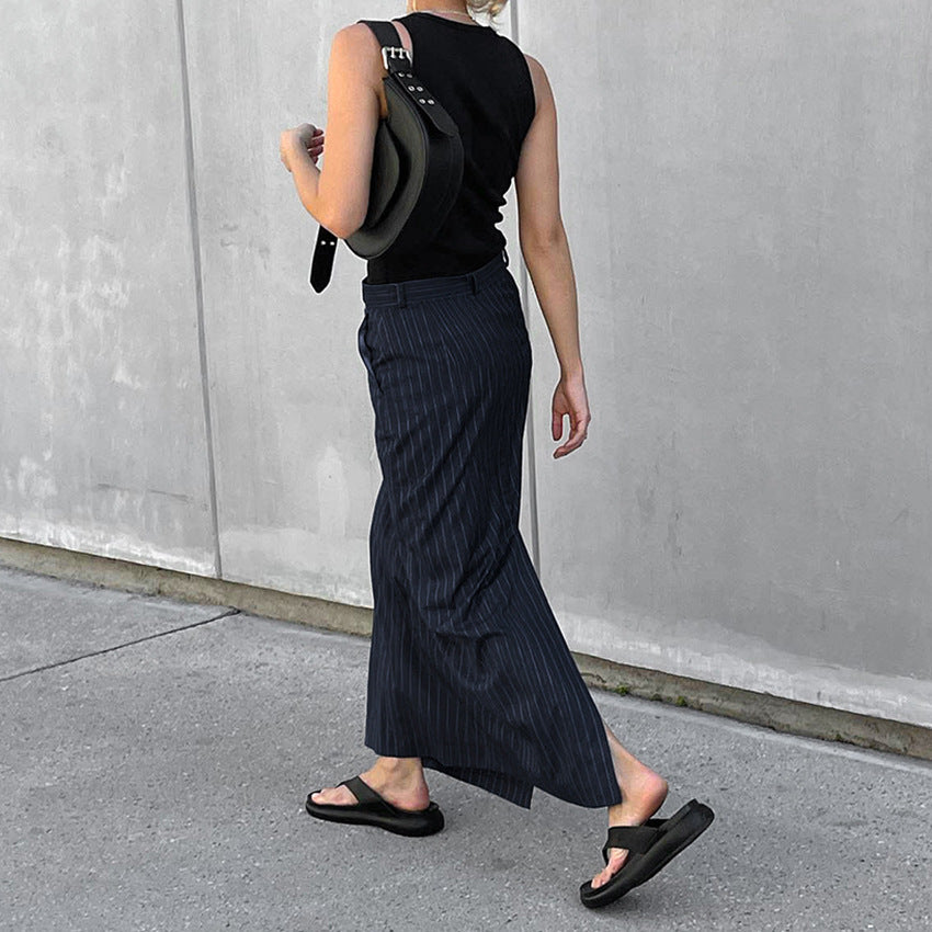 High Waist Striped Slit Straight Skirt
