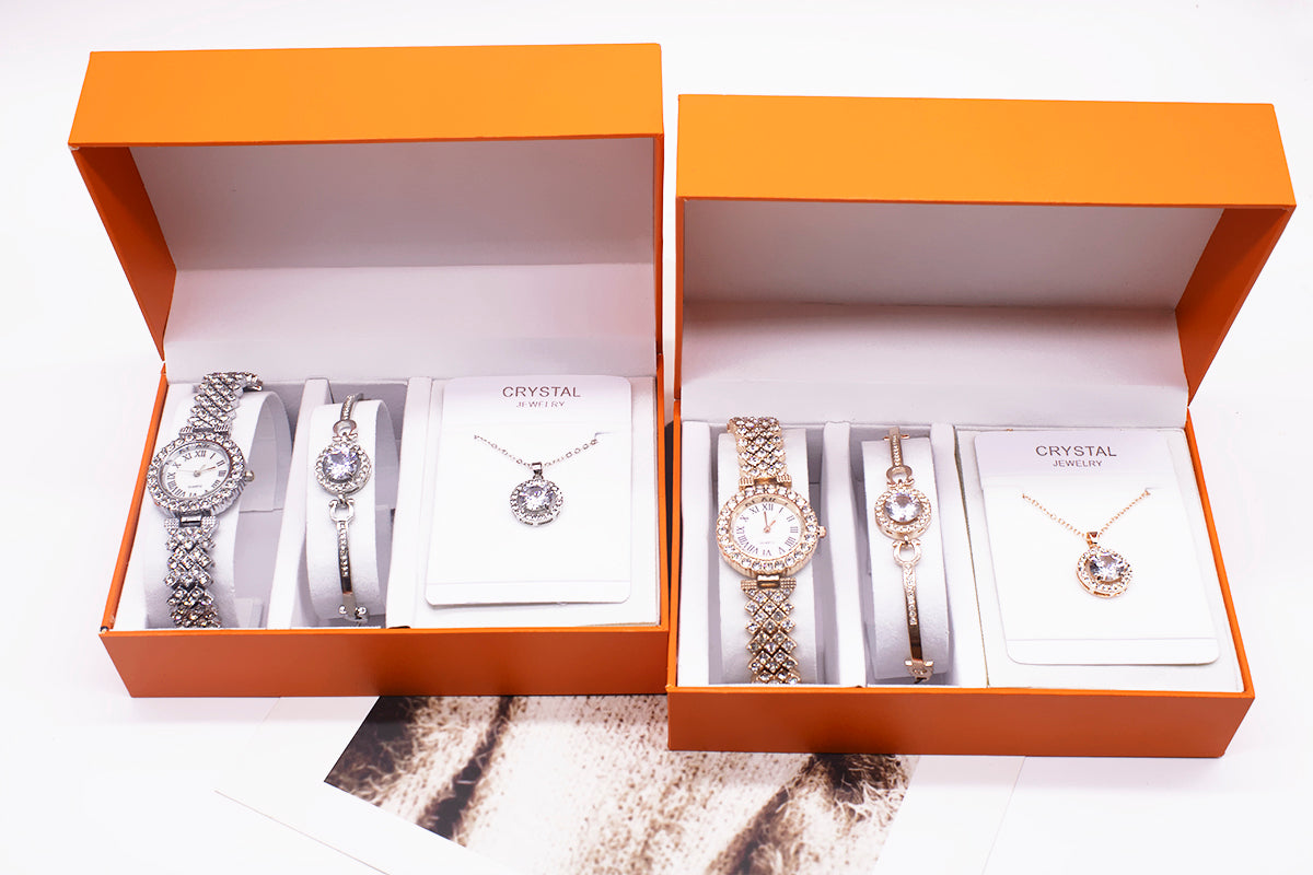 Rhinestone Watch Set With Bracelet And Necklace 3-piece