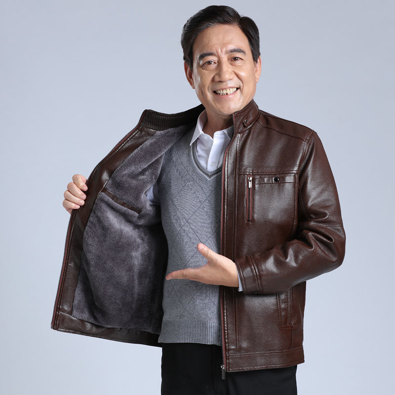 Men's Fleece-lined Thickening Stand Collar Loose Leather Coat