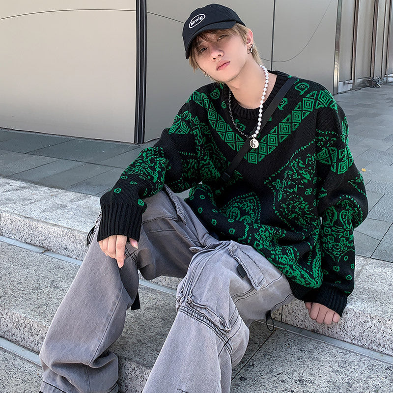 Hong Kong Style Men's Flower Loose Printed Sweater