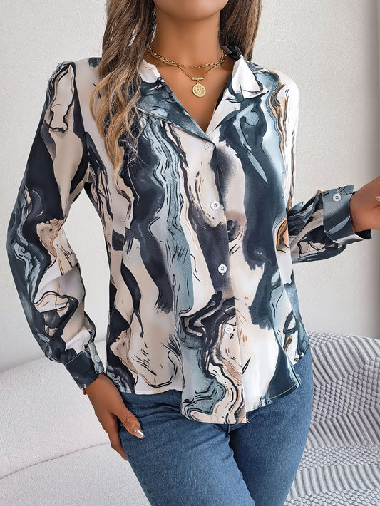 Women's Casual Color Block Stripe Notched Lapel Long Sleeve Shirt