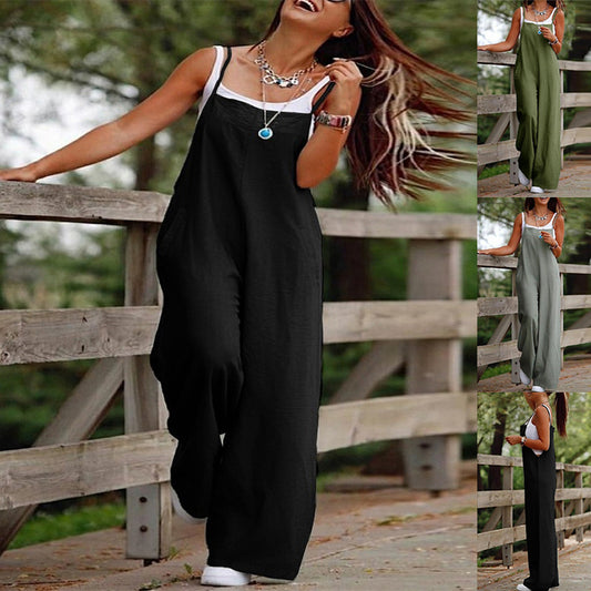 Ærmeløs Jumpsuit Til Kvinder Med Lommer Og Justerbar Skulderrem Moderigtig Løs Bred Ben Lige Overalls Sommer Strandbukser