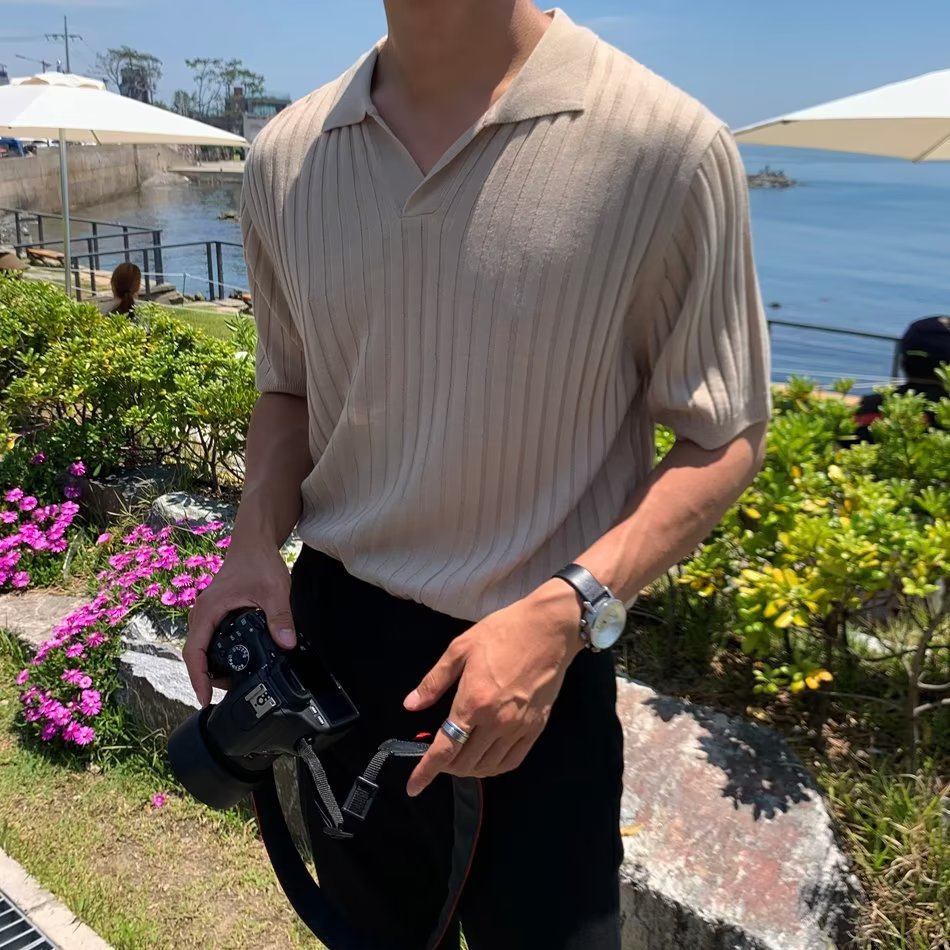 Sommer striber kortærmet POLO Shan herre koreansk slim fit revers ensfarvet afslappet tynd halværmet trend strikket top