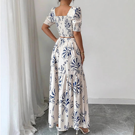 New Printed Square Neck Short Sleeve Skirt Set