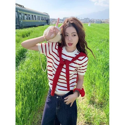 Women's Shawl Contrast Color Striped Short Sleeve Knitted
