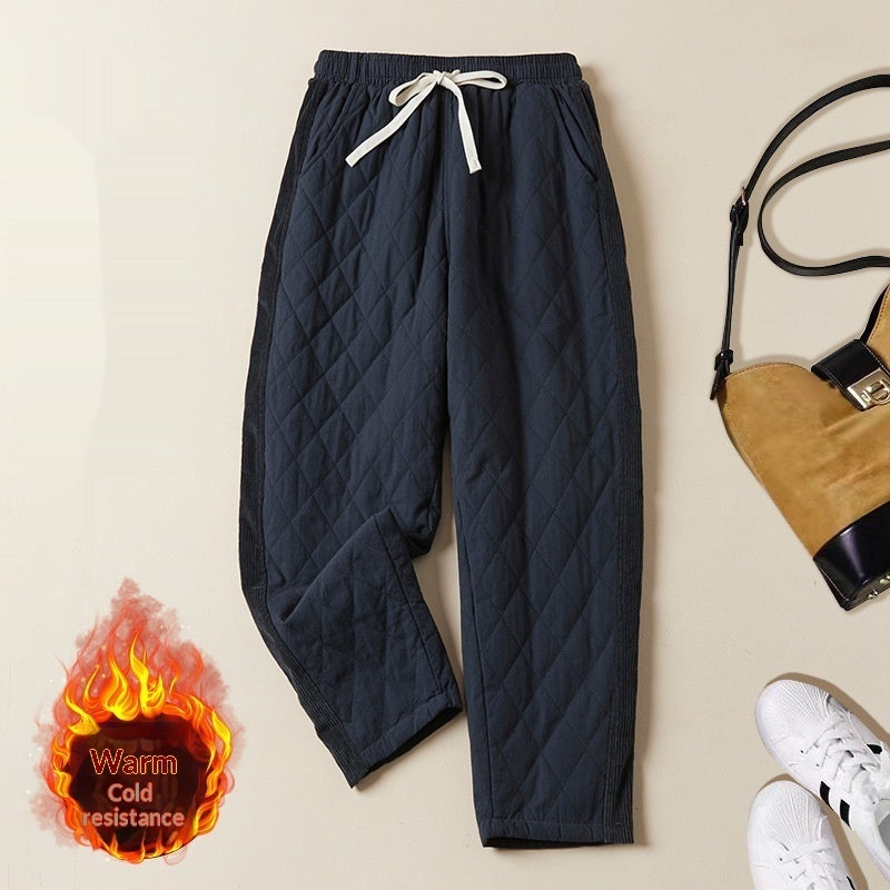 Womens Retro Diamond-Quilted Elastic-Waist Thermal Pants