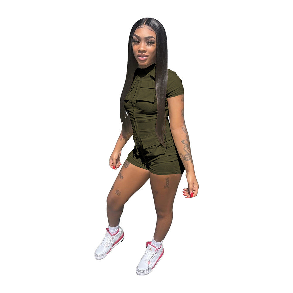 Women's Fashion Zipper Pocket Solid Color Work Jumpsuit