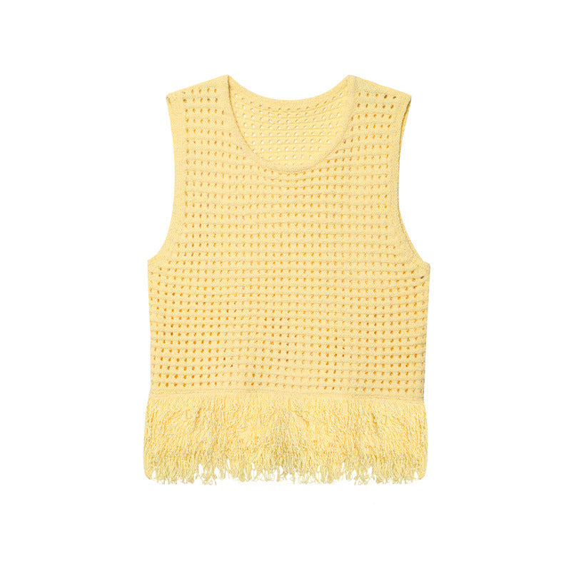 Fashionable Simple Decorated Tassel Plaid Knitted Top For Women