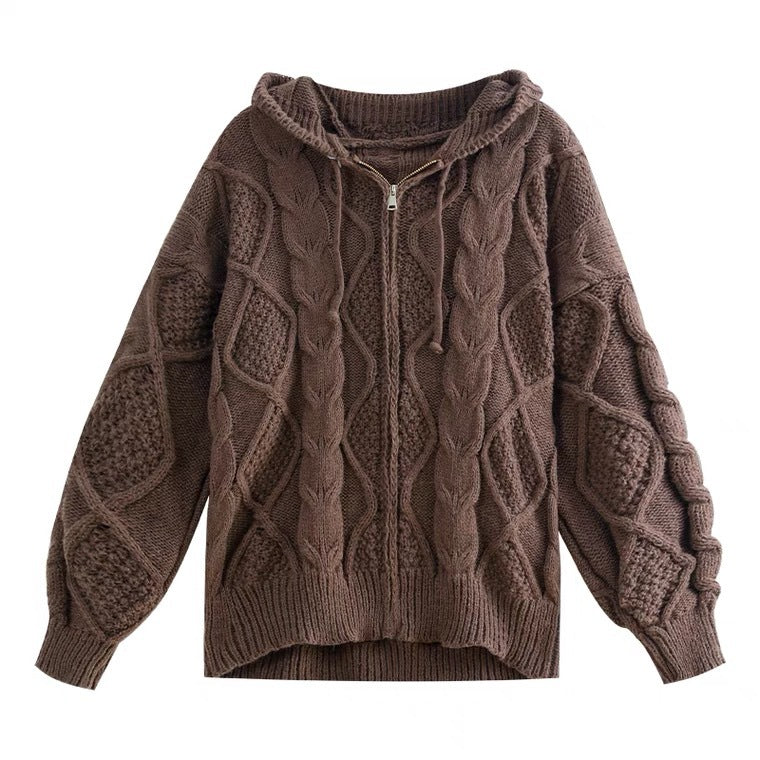Hooded Knit Cardigan Coat Women's Spring And Autumn Twist Zipper