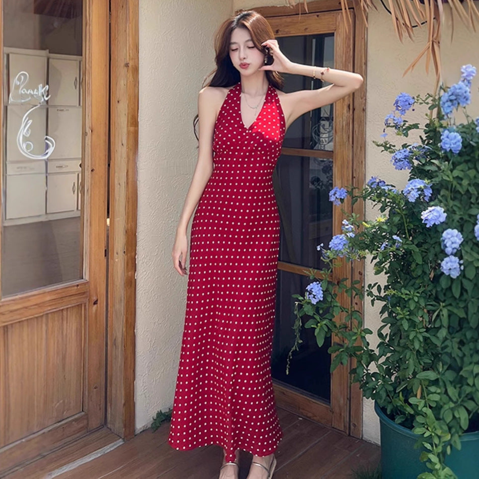 Fitted Figure-flattering French-style Polka-dot Print Halter Dress