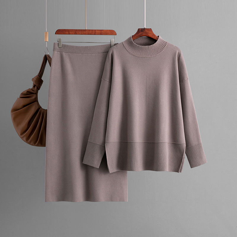 New FallWinter Solid-Color Turtleneck Sweater And Slit Bodycon Skirt Two-Piece Set