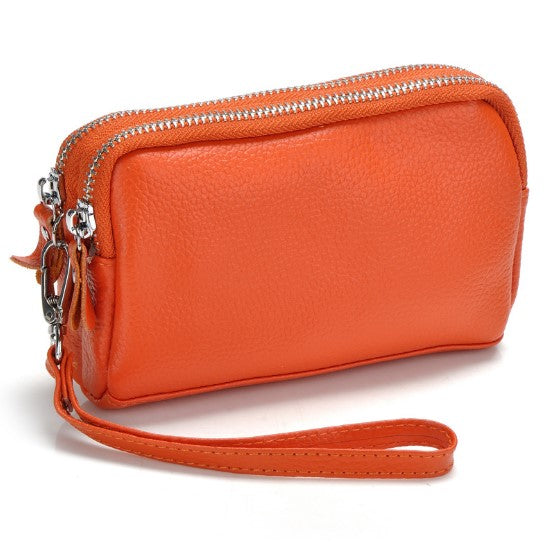 Cowhide double zipper small lady pocket handbag mini mobile bag