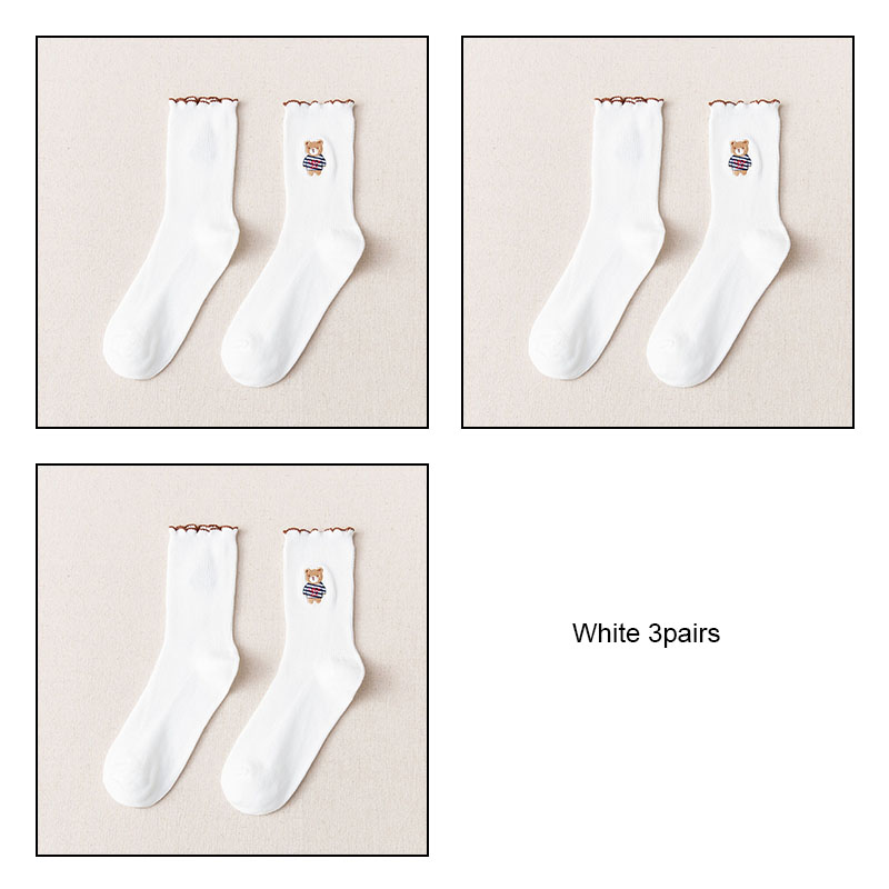 Women's Bear Embroidered Fungus Lace Mid Tube Socks